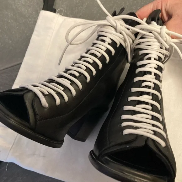 Proenza Schouler Black Leather Open-Toe Lace-Up Ankle Boots with White Laces - Picture 13 of 13